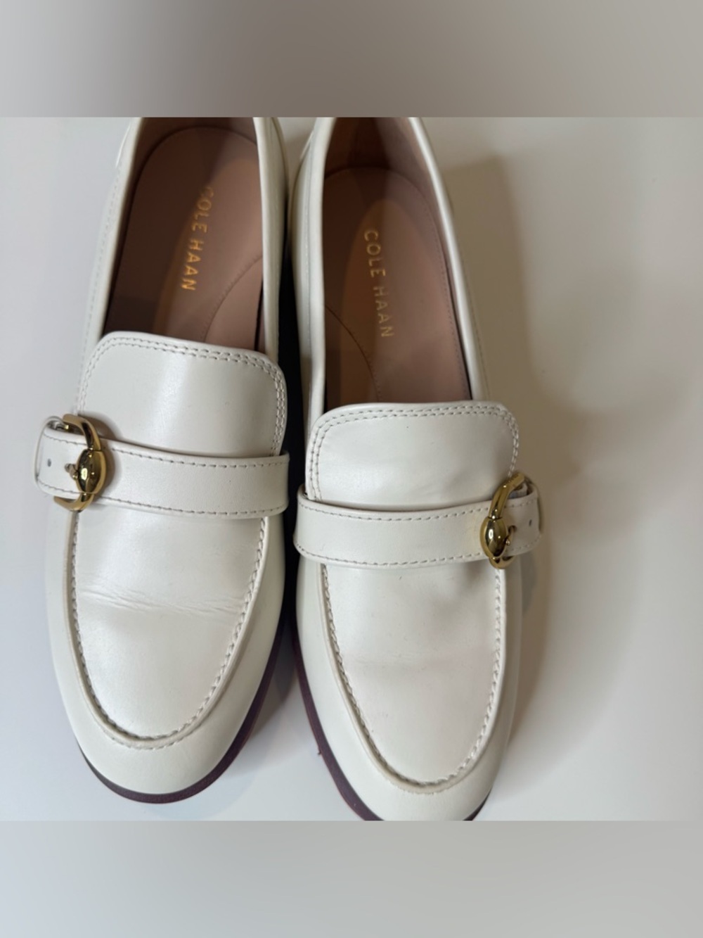 Cole Haan White Leather Loafers Gold Horsebit Size 8 - Picture 2 of 10